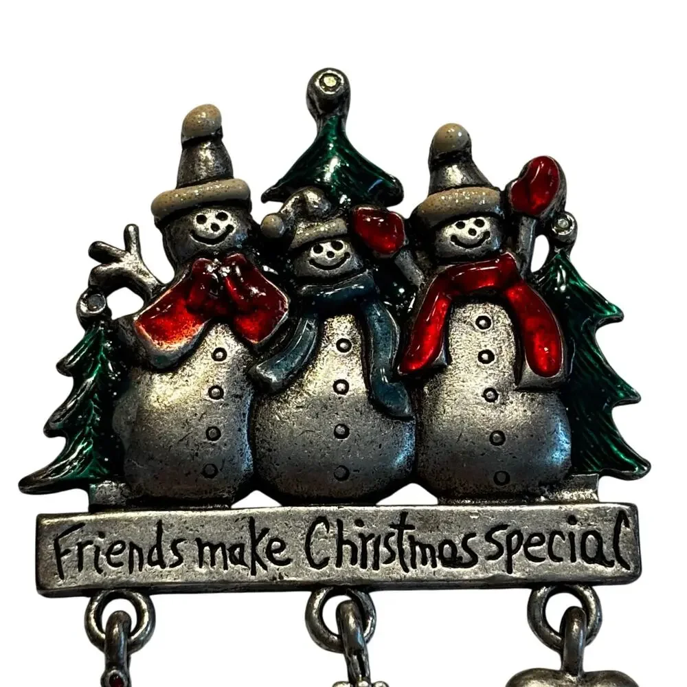 Vintage AJMC Christmas brooch pewter snowmen with gift dangles novelty pin